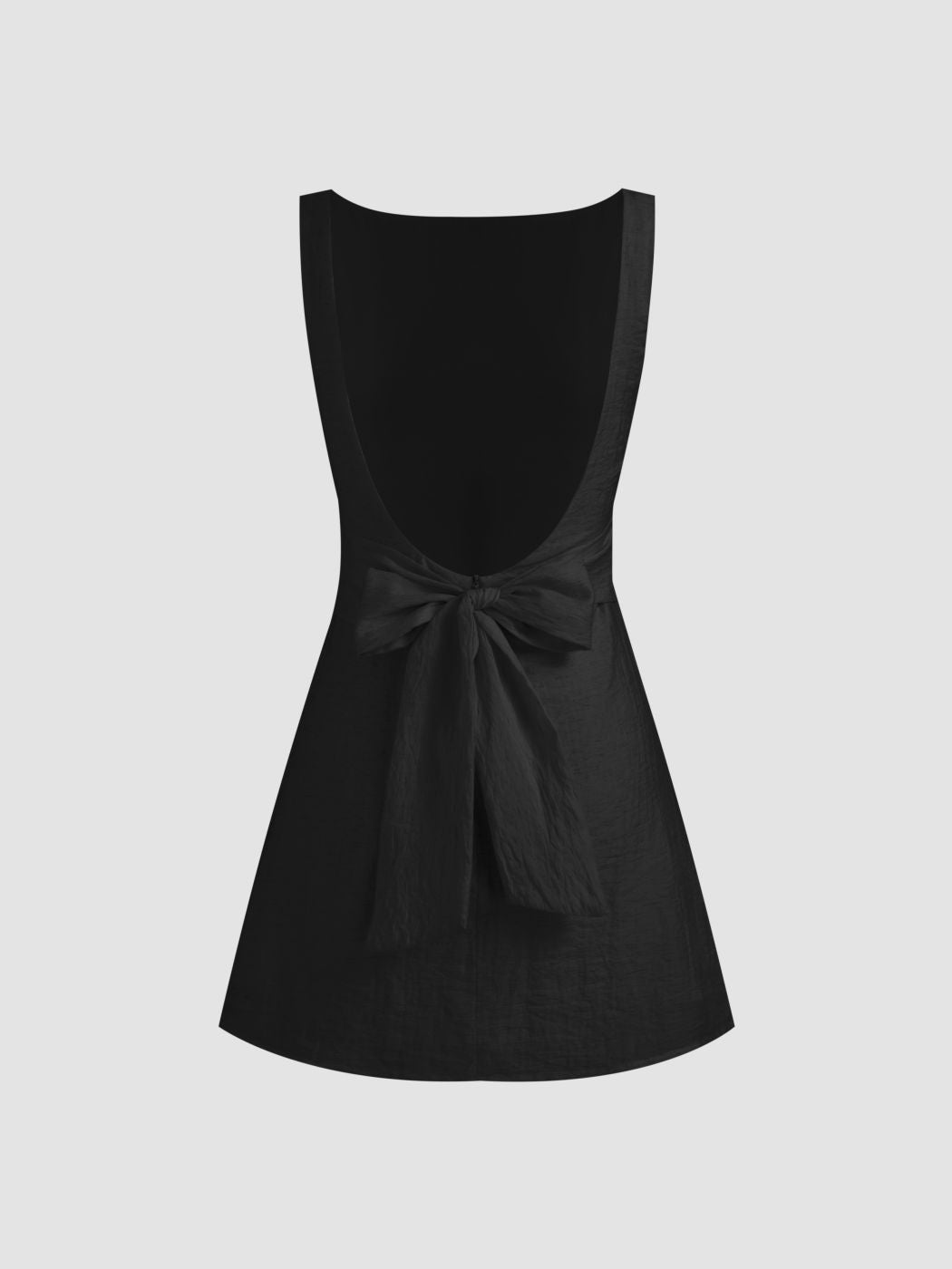 Linen-blend Boat Neck Solid Knotted Backless Mini Dress