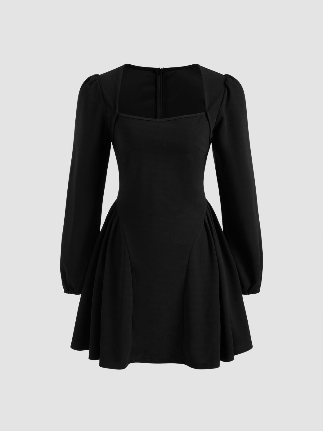 Square Neck Solid Pleated Ruffle Zipper Mini Dress