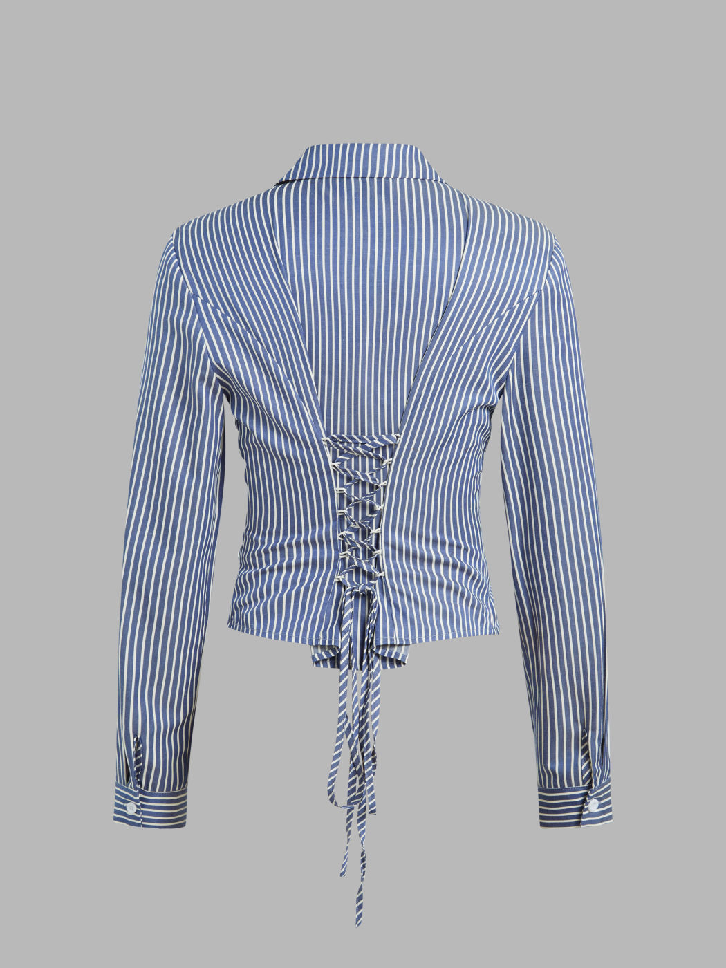 Cotton-blend V-neck Striped Ruched Lace Up Tie Back Long Shirt Sleeve