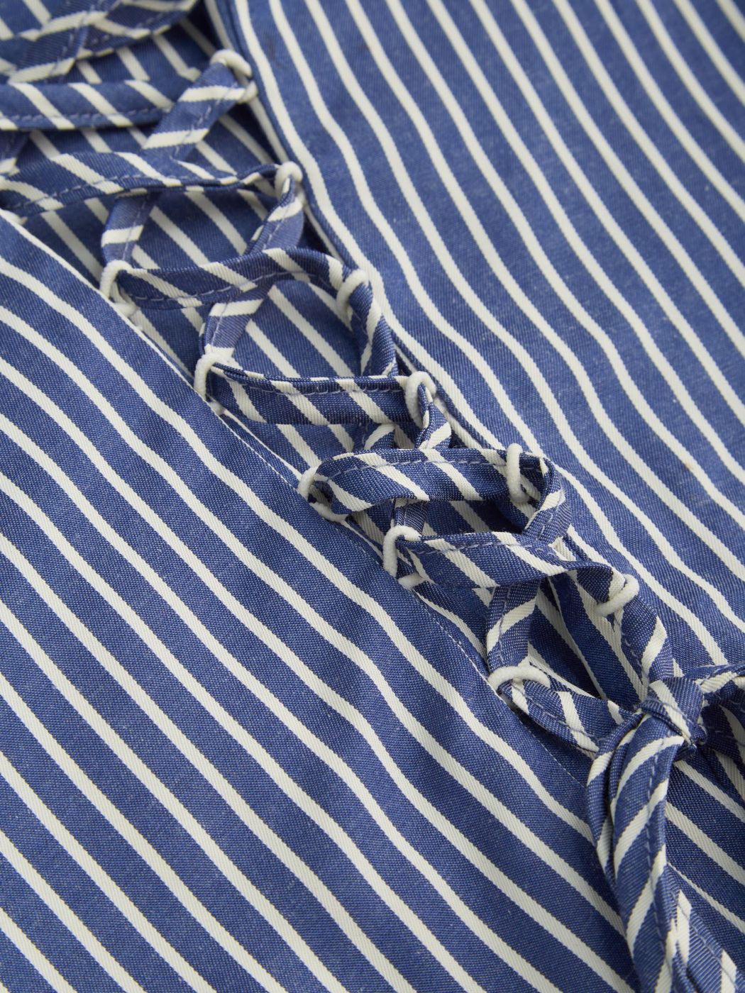 Cotton-blend V-neck Striped Ruched Lace Up Tie Back Long Shirt Sleeve