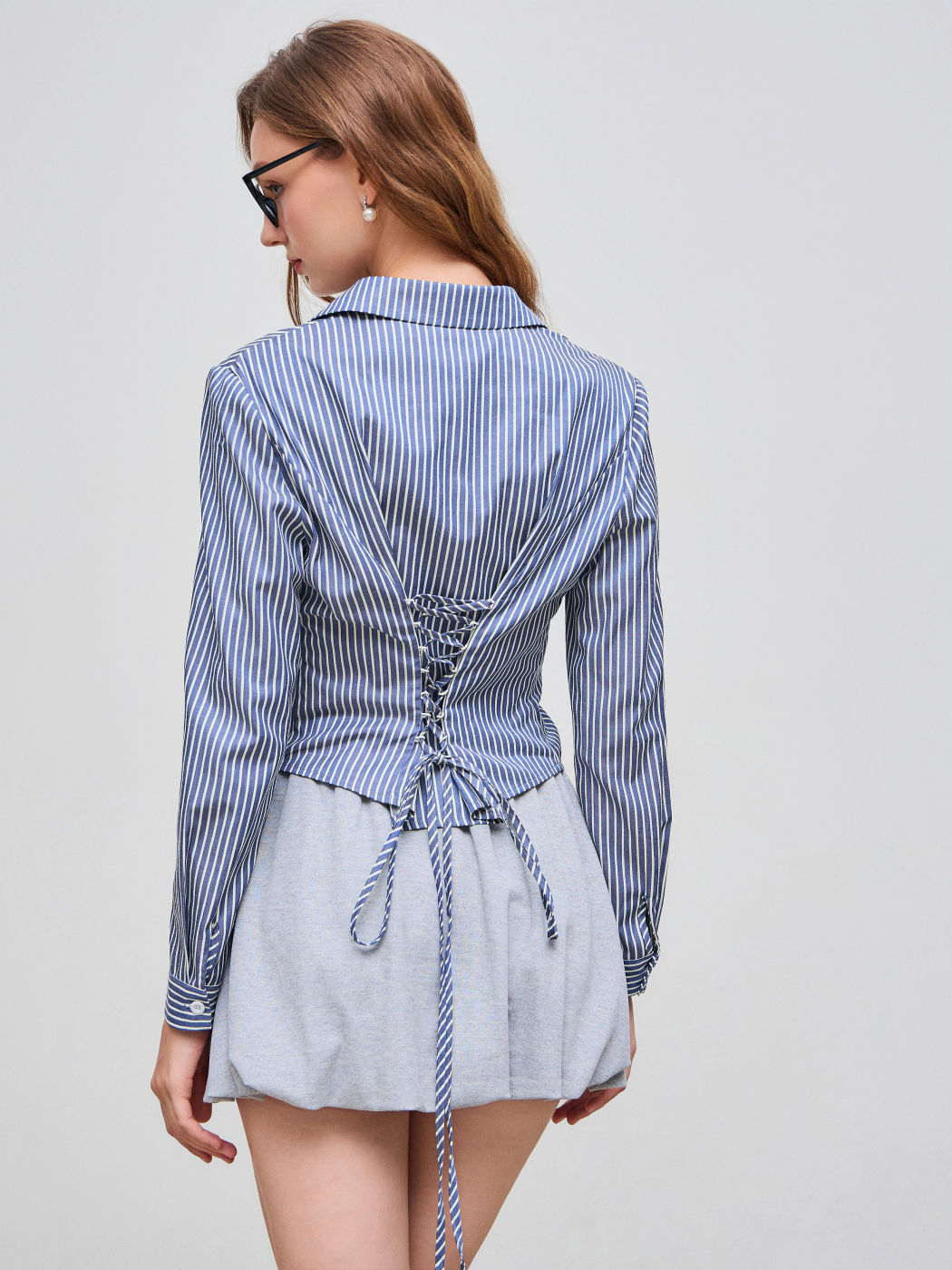 Cotton-blend V-neck Striped Ruched Lace Up Tie Back Long Shirt Sleeve
