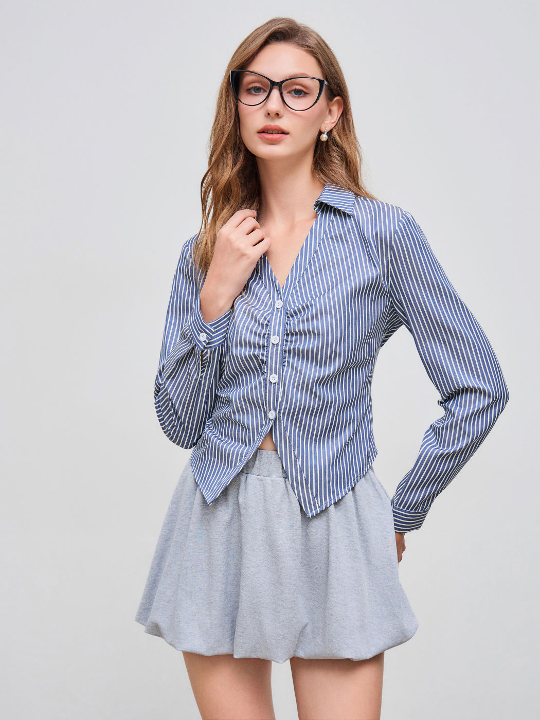 Cotton-blend V-neck Striped Ruched Lace Up Tie Back Long Shirt Sleeve
