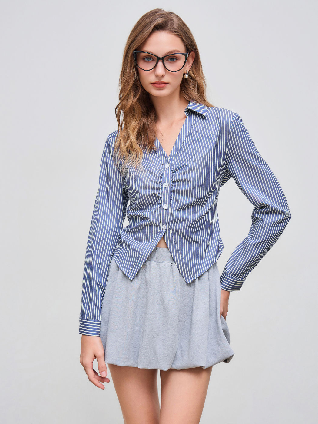 Cotton-blend V-neck Striped Ruched Lace Up Tie Back Long Shirt Sleeve