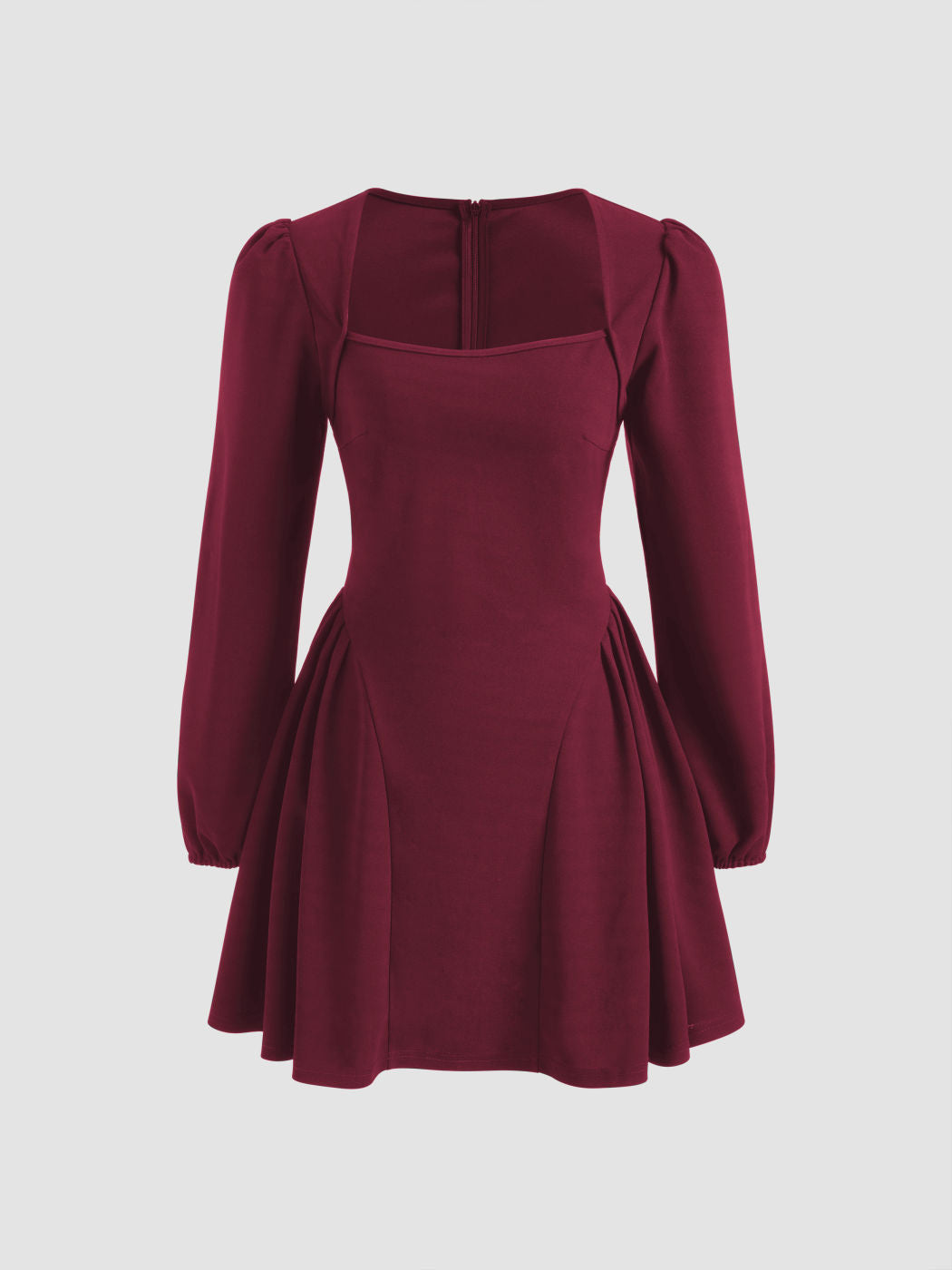 Square Neck Solid Pleated Ruffle Zipper Mini Dress