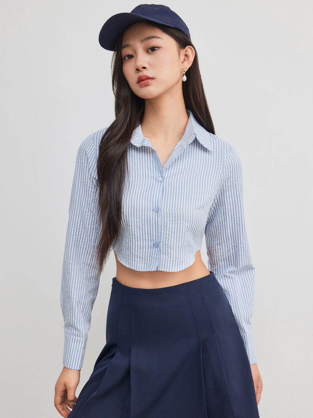 Cotton-blend Collar Striped Crop Long Sleeve Shirt
