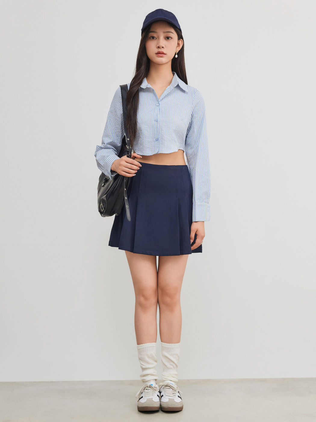 Cotton-blend Collar Striped Crop Long Sleeve Shirt