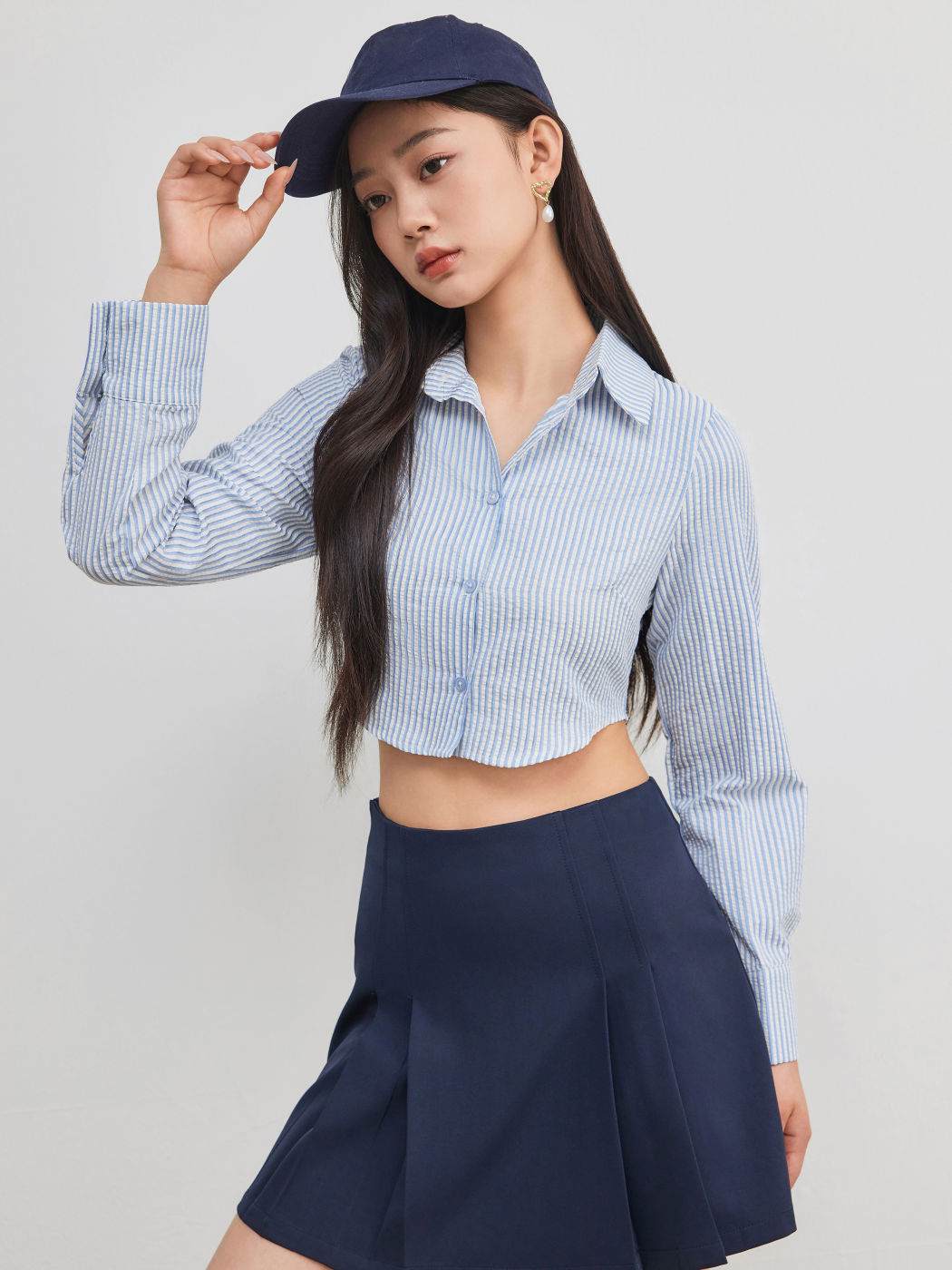 Cotton-blend Collar Striped Crop Long Sleeve Shirt