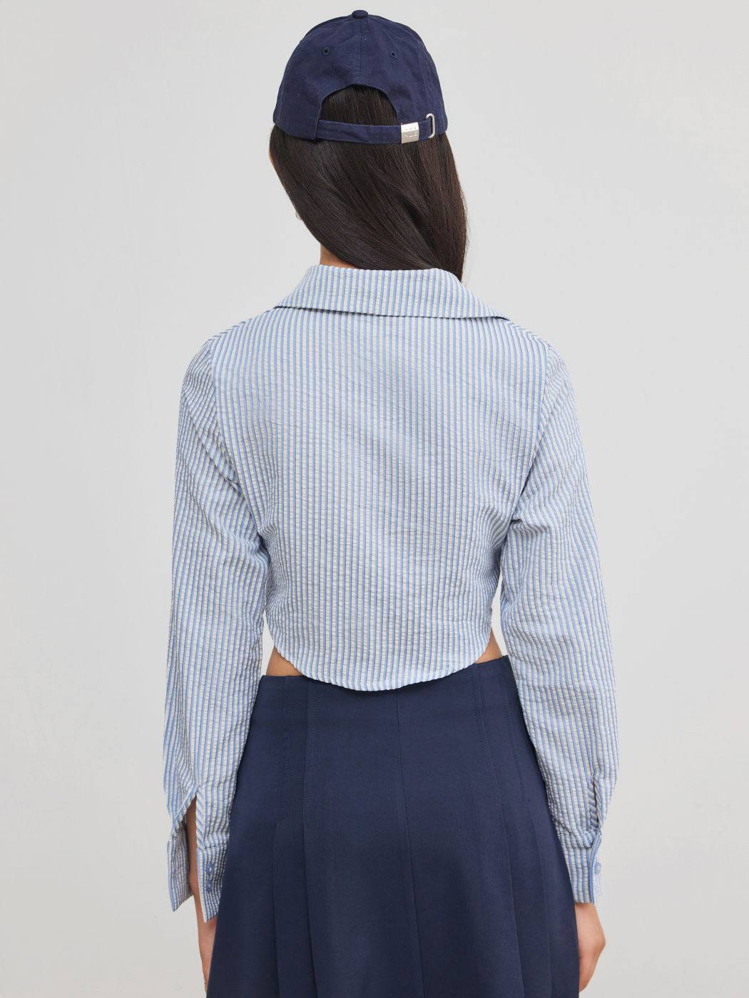 Cotton-blend Collar Striped Crop Long Sleeve Shirt