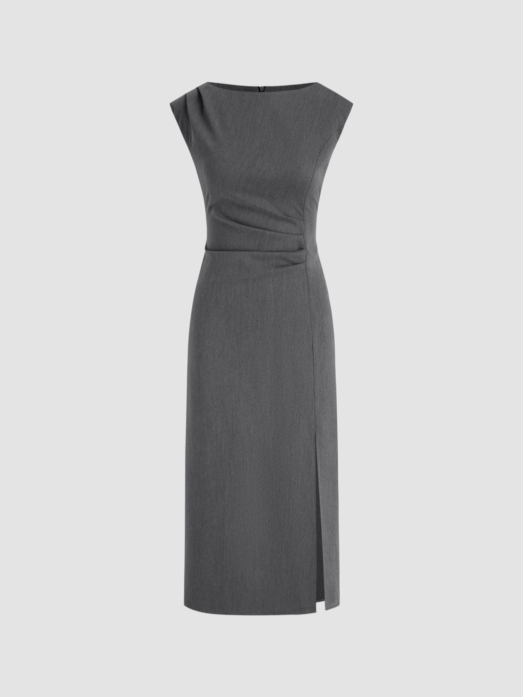 Boat Neck Ruched Split Maxi Dress