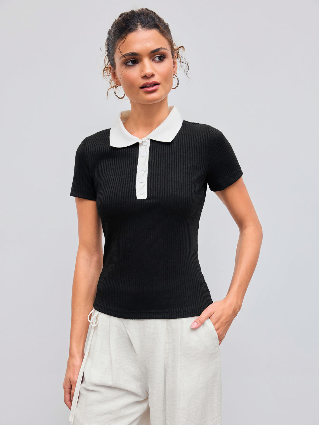 Cotton-blend Collar Solid Button Short Sleeve Top