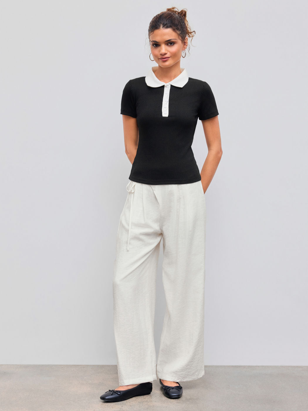 Cotton-blend Collar Solid Button Short Sleeve Top
