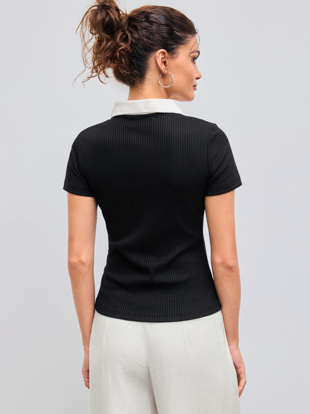 Cotton-blend Collar Solid Button Short Sleeve Top