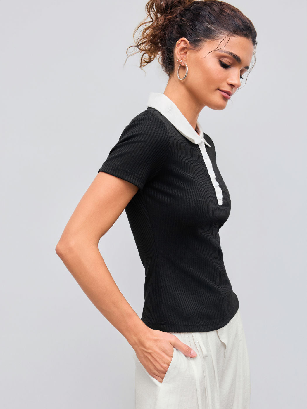 Cotton-blend Collar Solid Button Short Sleeve Top