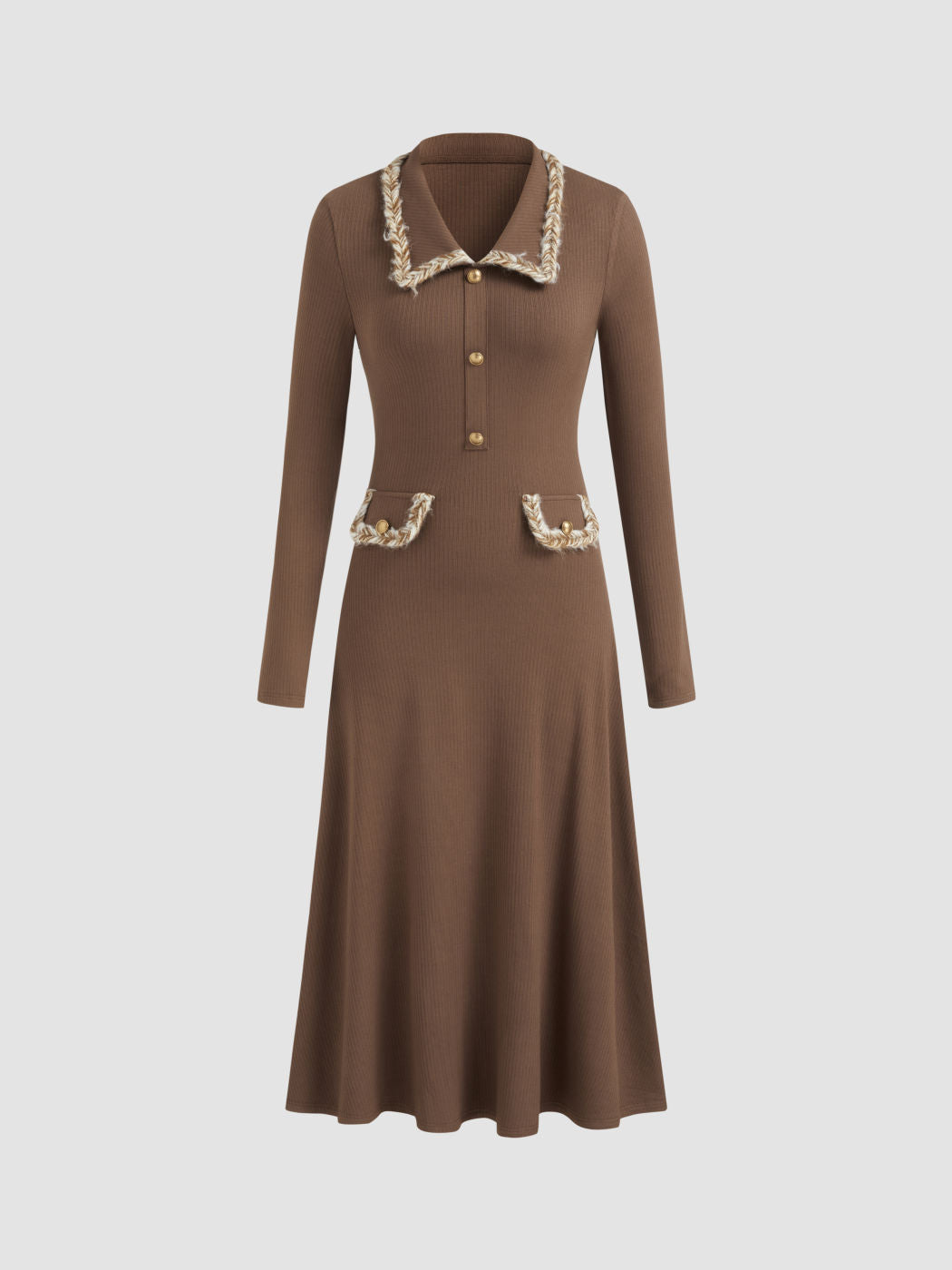 Collar Braid Binding Pocket Midi Dress