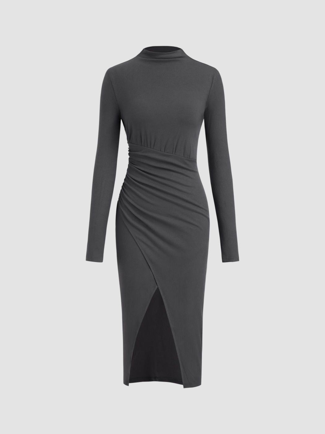 Stand Collar Split Ruched Midi Dress