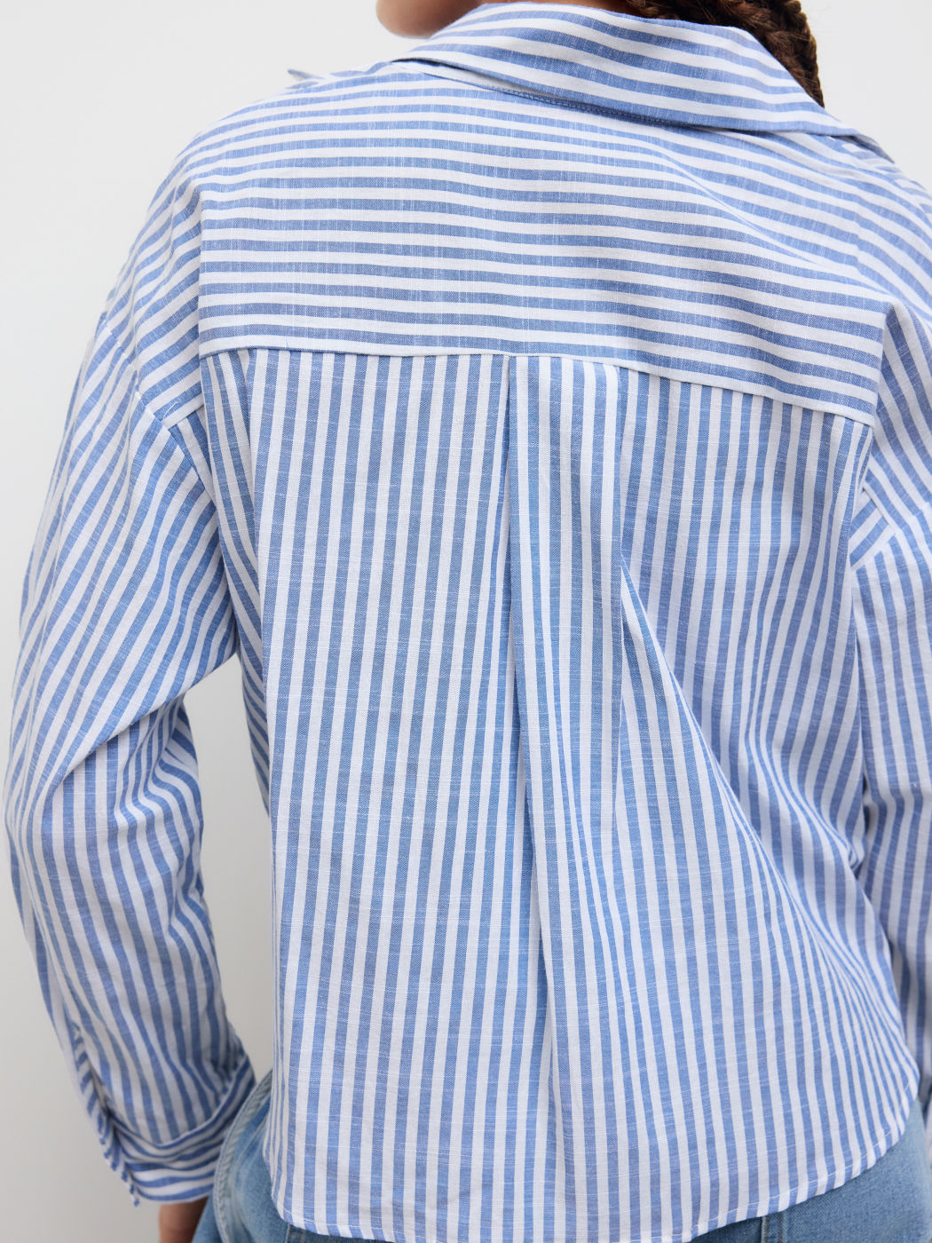 Cotton-blend Collar Striped Knotted Roll-up Long Sleeve Shirt