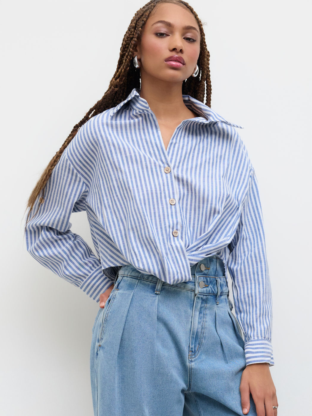 Cotton-blend Collar Striped Knotted Roll-up Long Sleeve Shirt