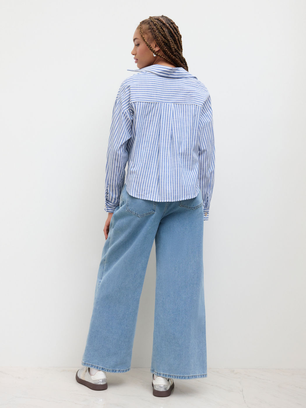 Cotton-blend Collar Striped Knotted Roll-up Long Sleeve Shirt