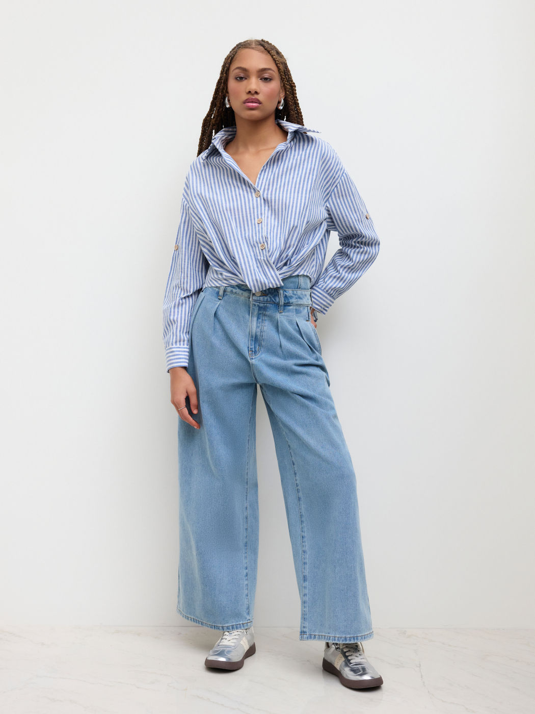 Cotton-blend Collar Striped Knotted Roll-up Long Sleeve Shirt