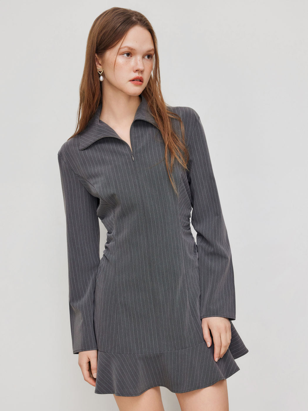Collar Stripe Ruched Half Zip Mini Dress