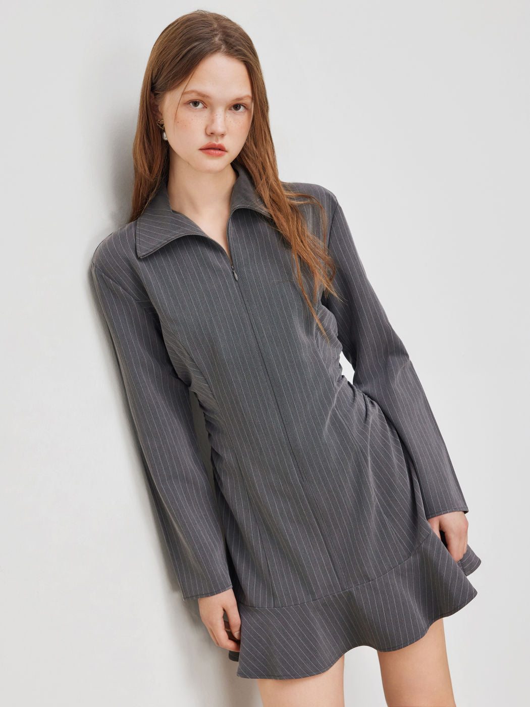 Collar Stripe Ruched Half Zip Mini Dress