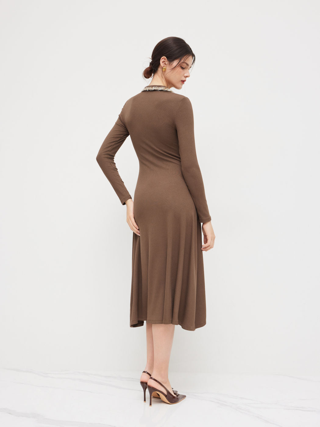 Collar Braid Binding Pocket Midi Dress