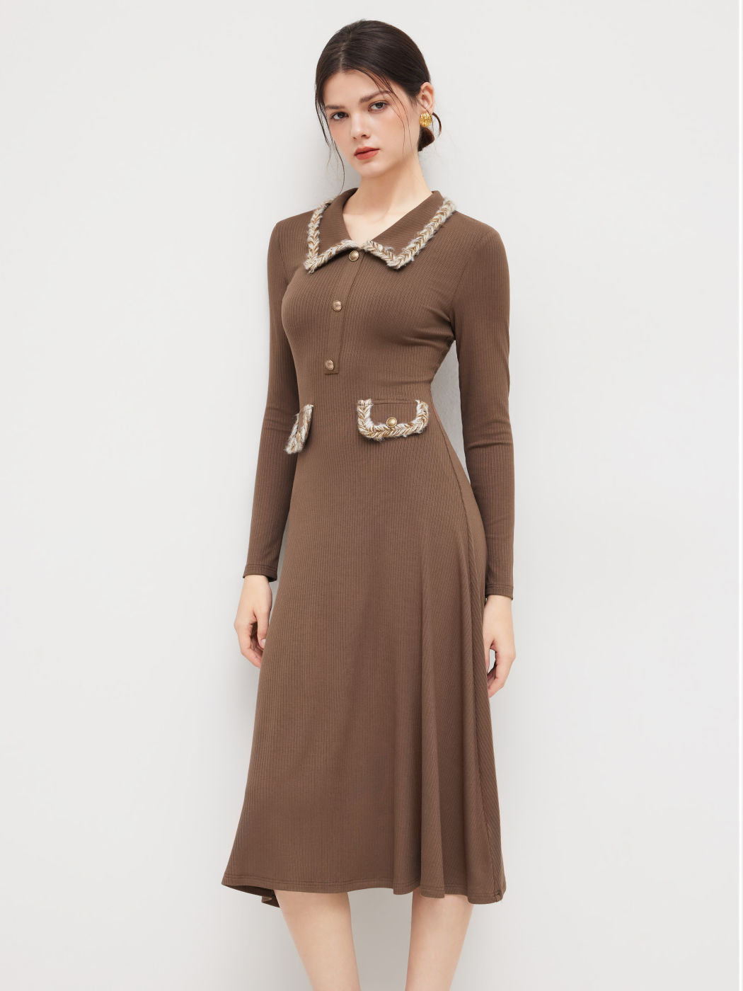 Collar Braid Binding Pocket Midi Dress
