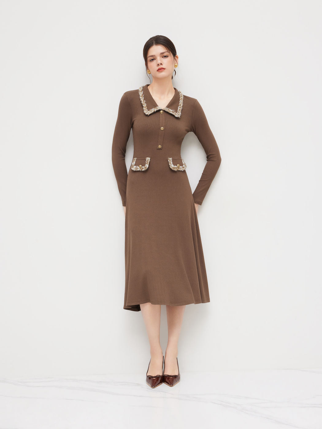 Collar Braid Binding Pocket Midi Dress