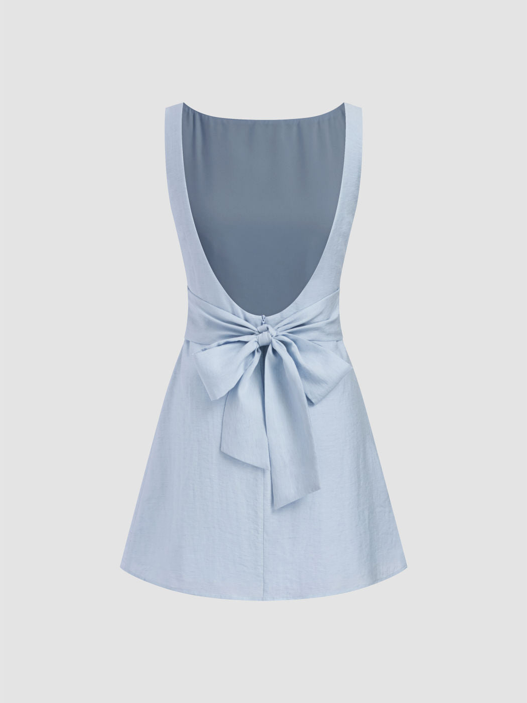 Linen-blend Boat Neck Solid Knotted Backless Mini Dress