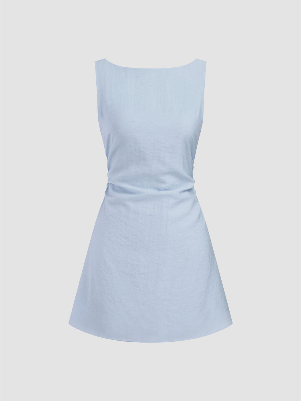 Linen-blend Boat Neck Solid Knotted Backless Mini Dress