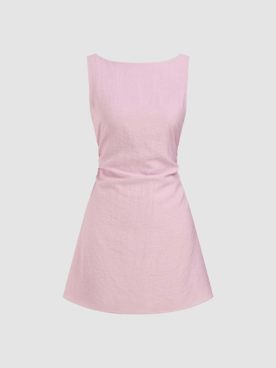 Linen-blend Boat Neck Solid Knotted Backless Mini Dress