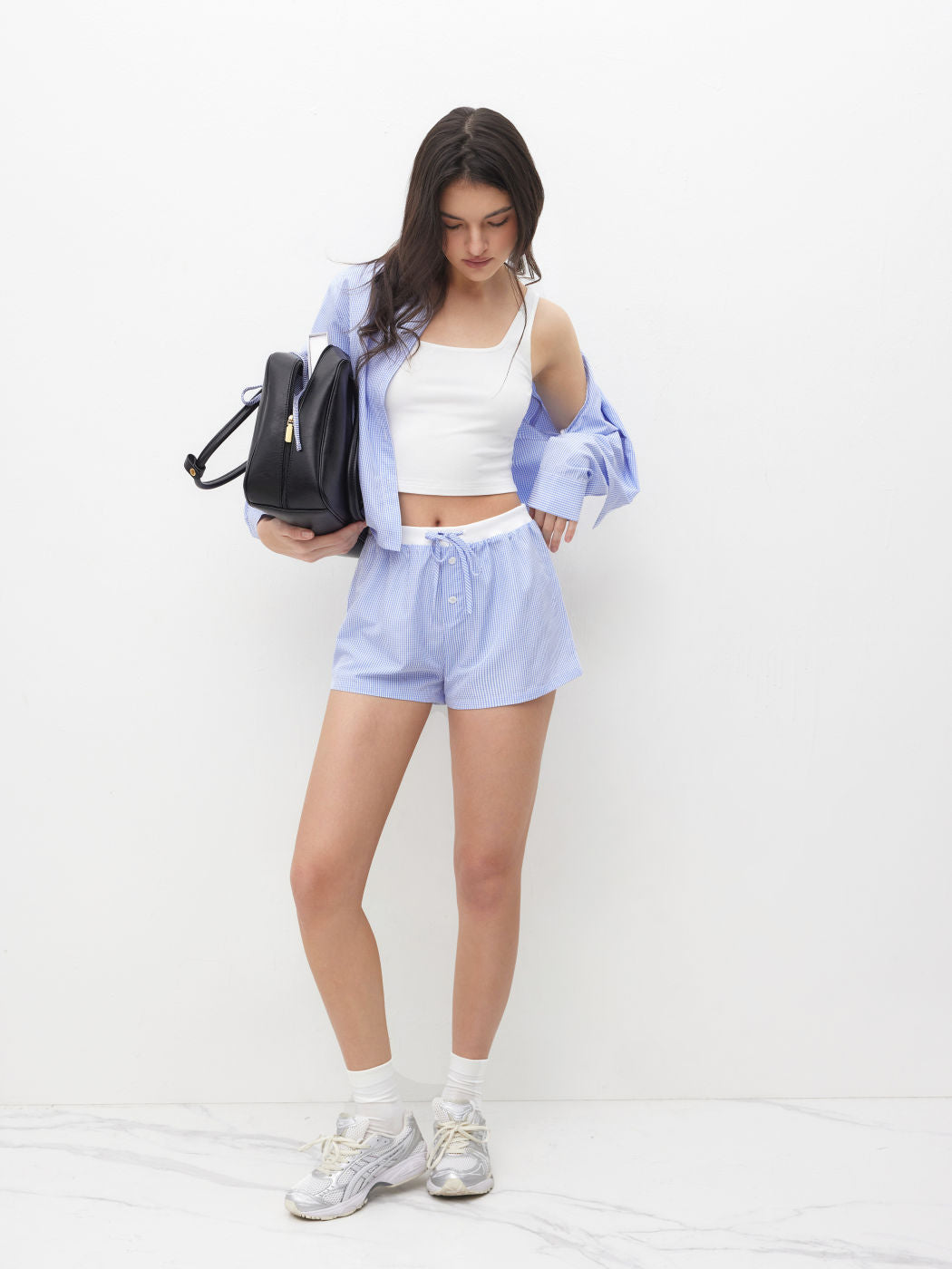 Cotton Mid Rise Gingham Knotted Micro Shorts