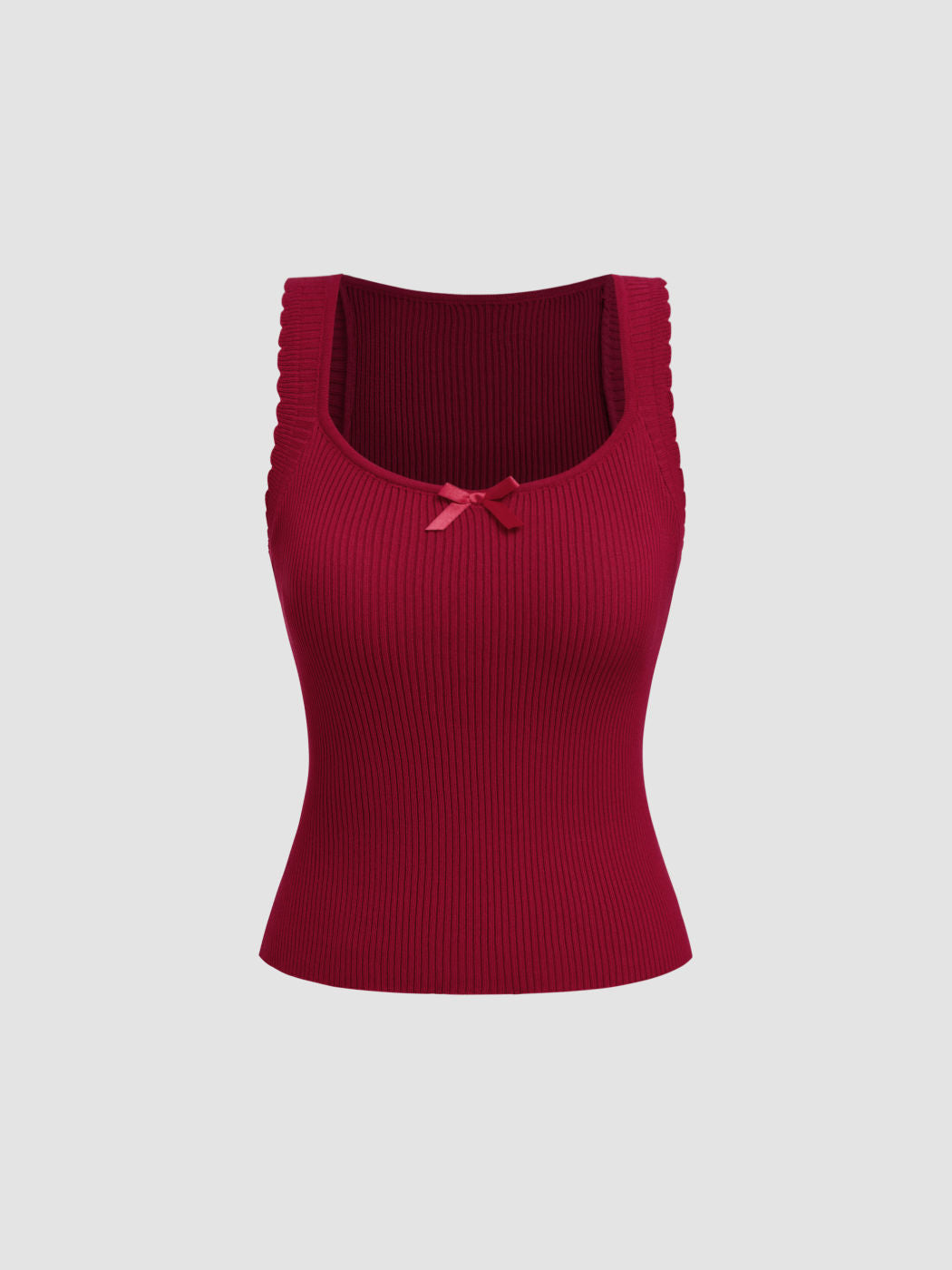 Knit U-neckline Lettuce Trim Bowknot Tank Top