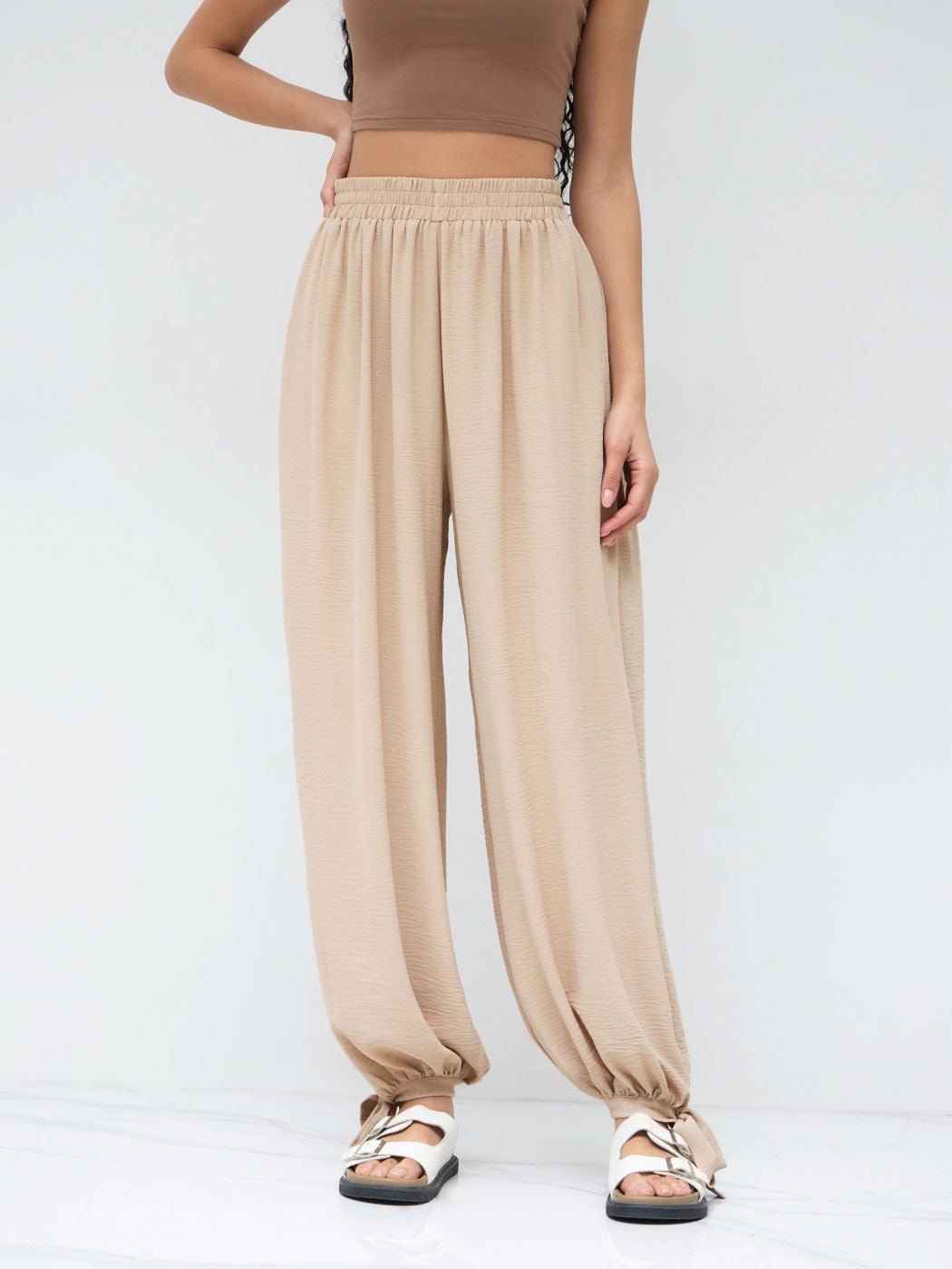 Mid Rise Elastic Waist Knotted Jogger Pants