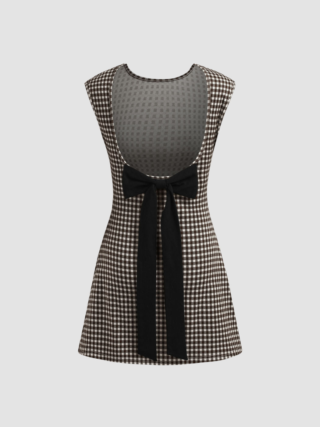 Boat Neck Gingham Backless Bowknot Mini Dress