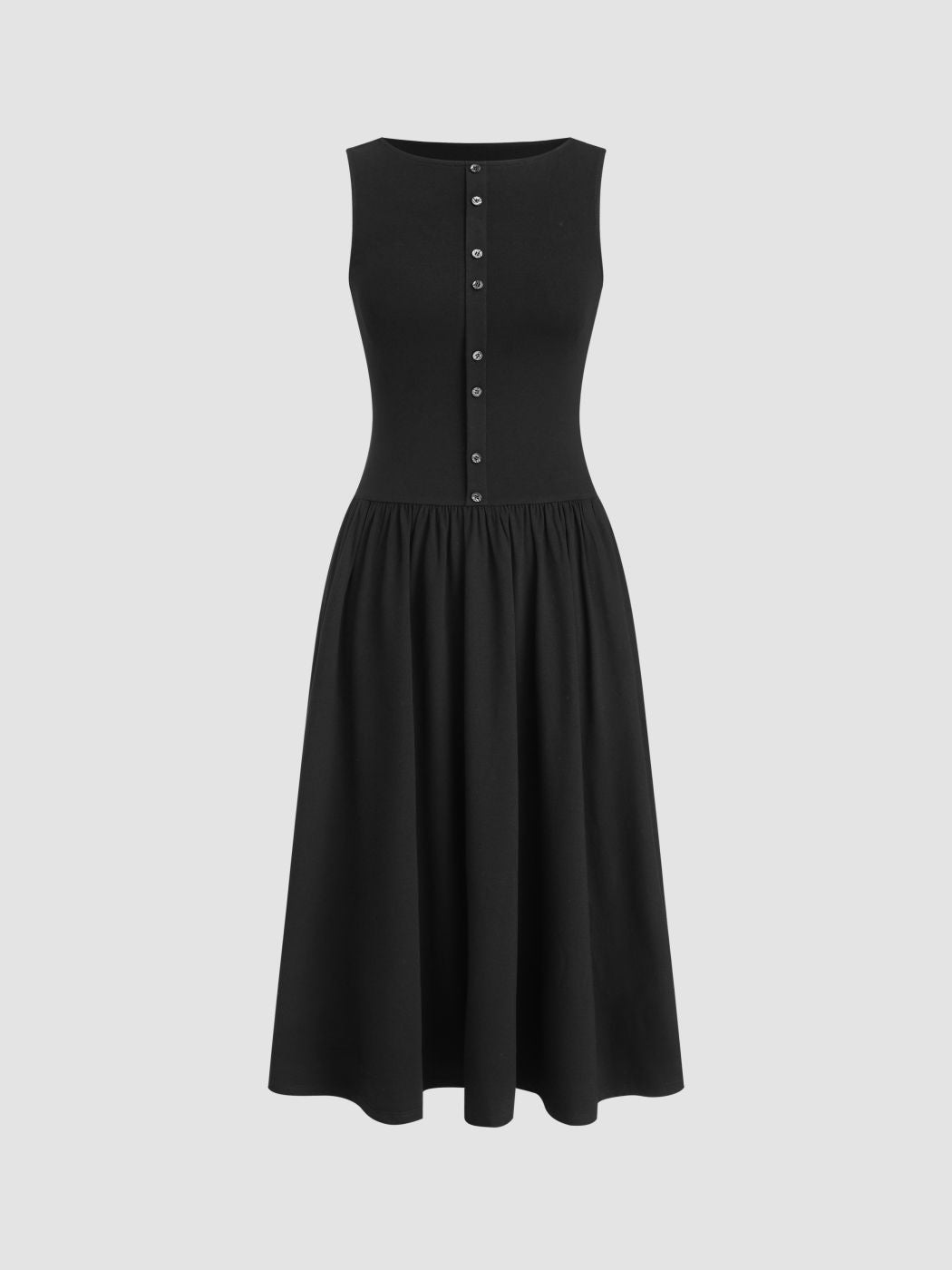 Boat Neck Button Up Ruffle Midi Dress