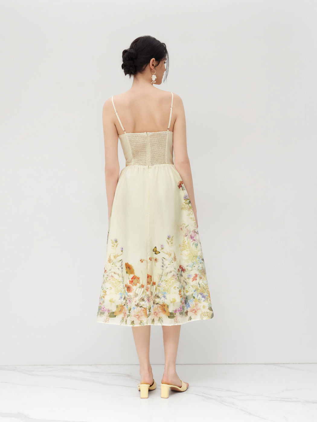 Square Neck Floral Shirred Midi Dress