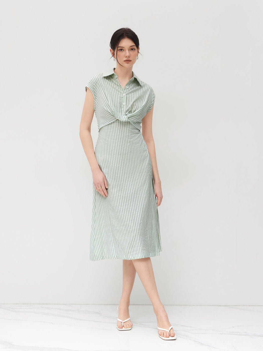 Cotton-blend Collar Striped Split Midi Shirt Dress