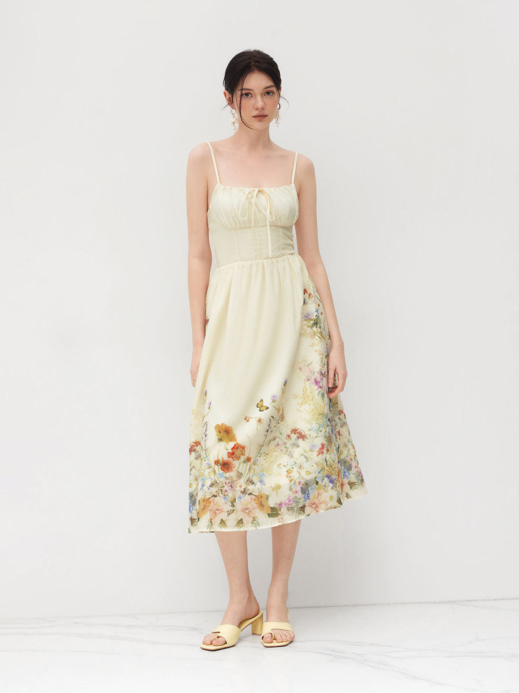 Square Neck Floral Shirred Midi Dress