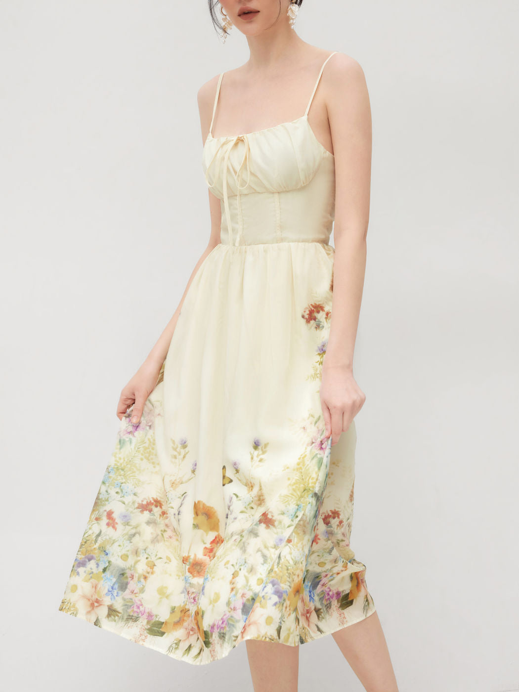 Square Neck Floral Shirred Midi Dress