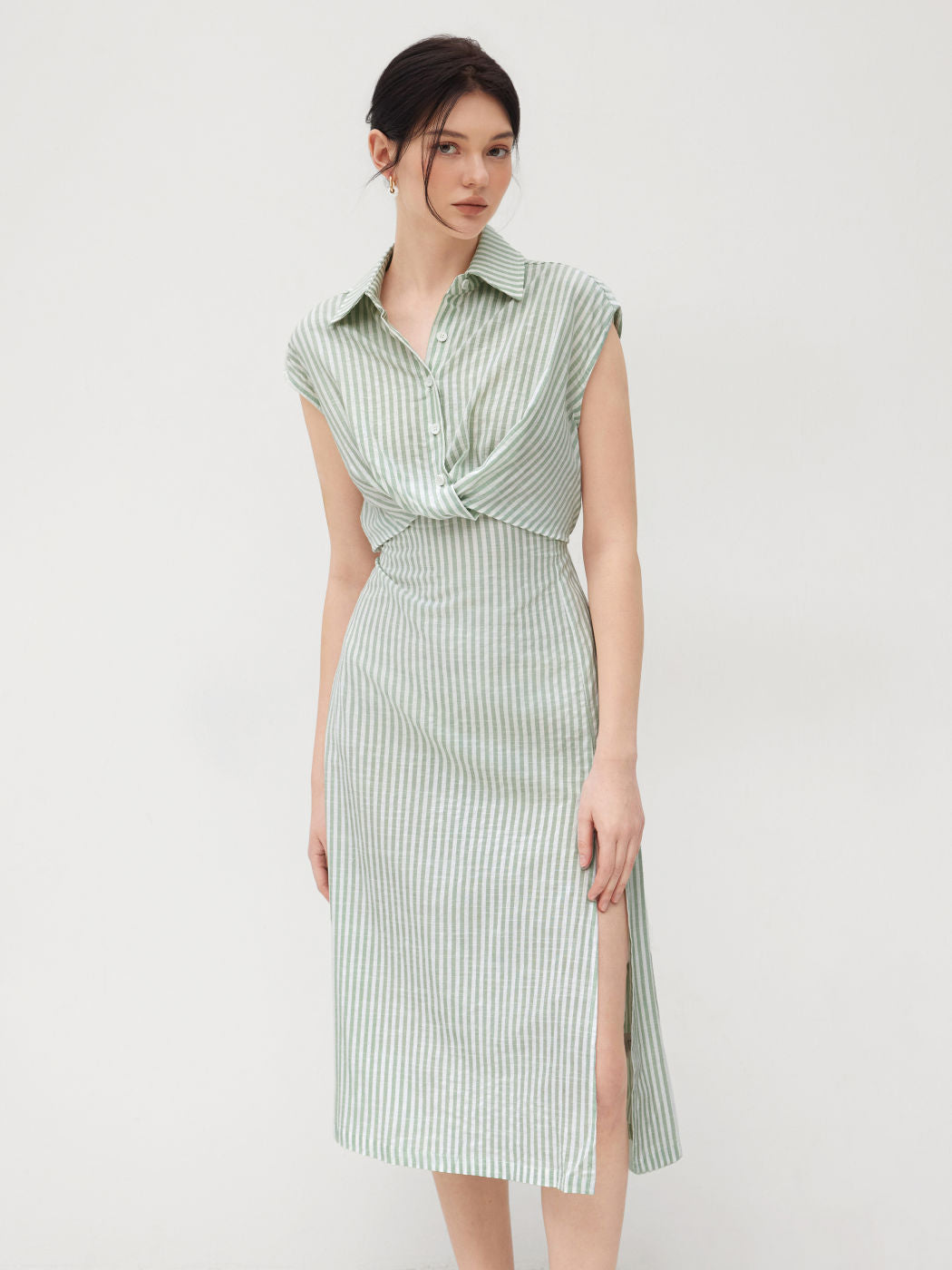 Cotton-blend Collar Striped Split Midi Shirt Dress