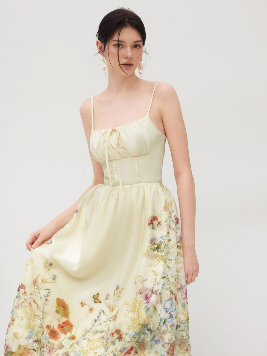 Square Neck Floral Shirred Midi Dress