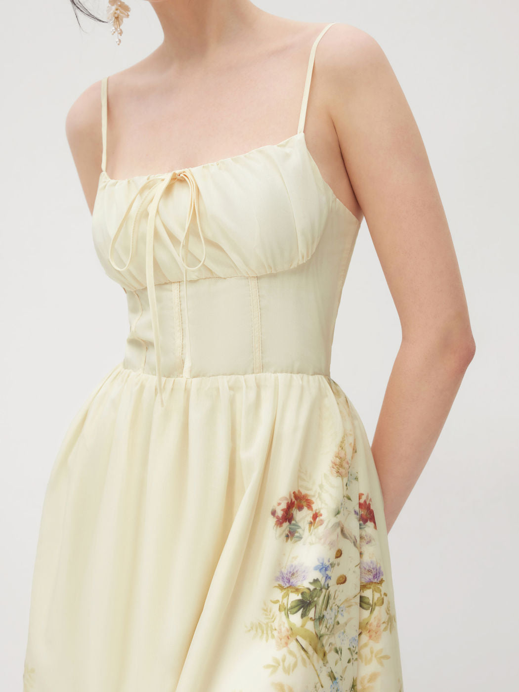 Square Neck Floral Shirred Midi Dress