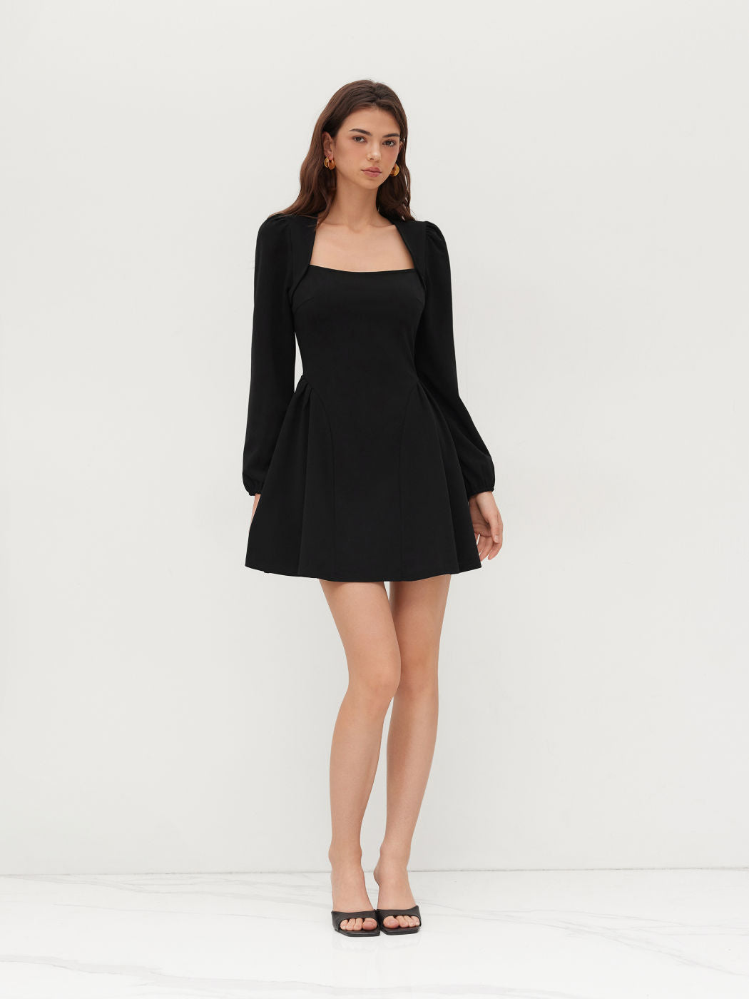 Square Neck Solid Pleated Ruffle Zipper Mini Dress