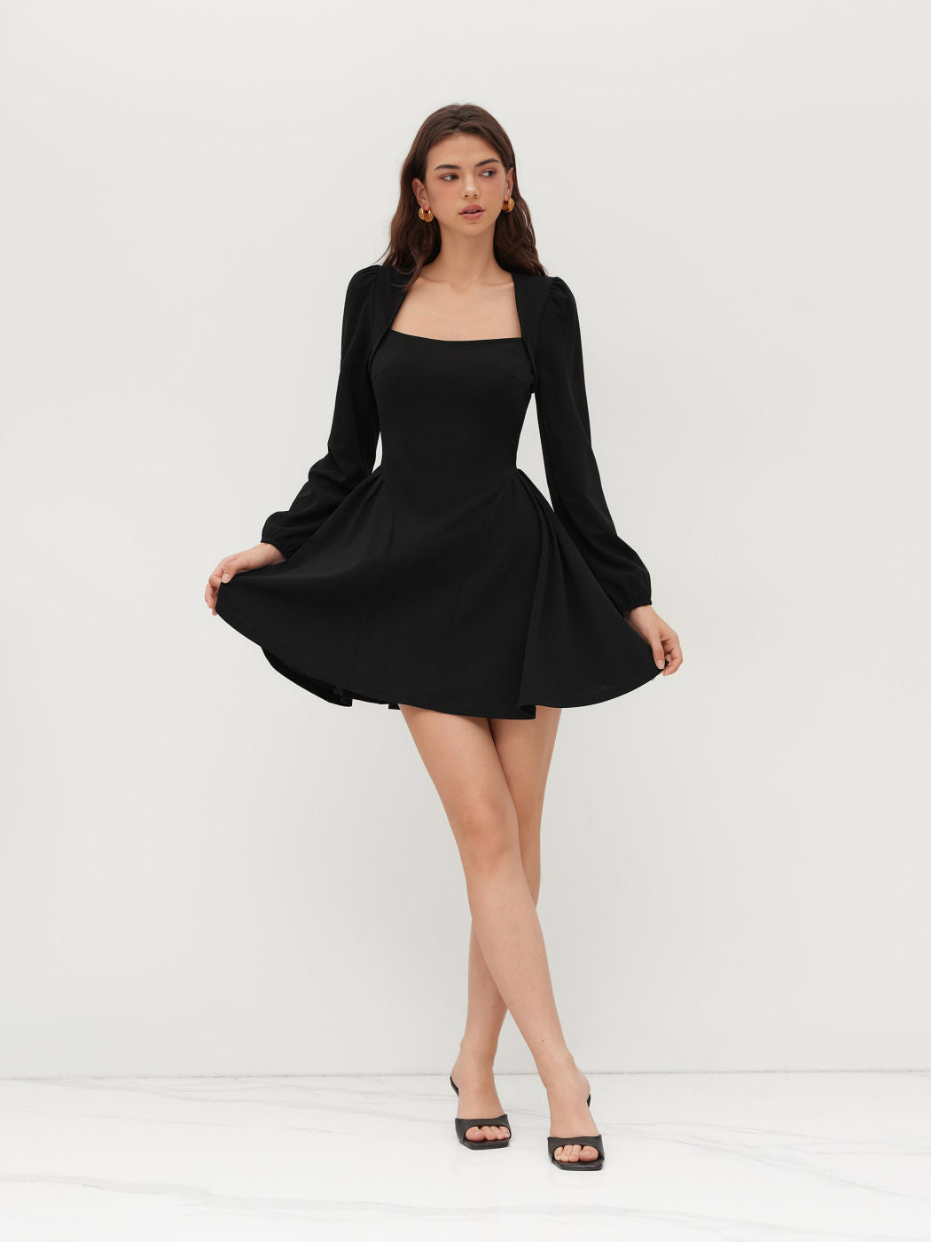 Square Neck Solid Pleated Ruffle Zipper Mini Dress