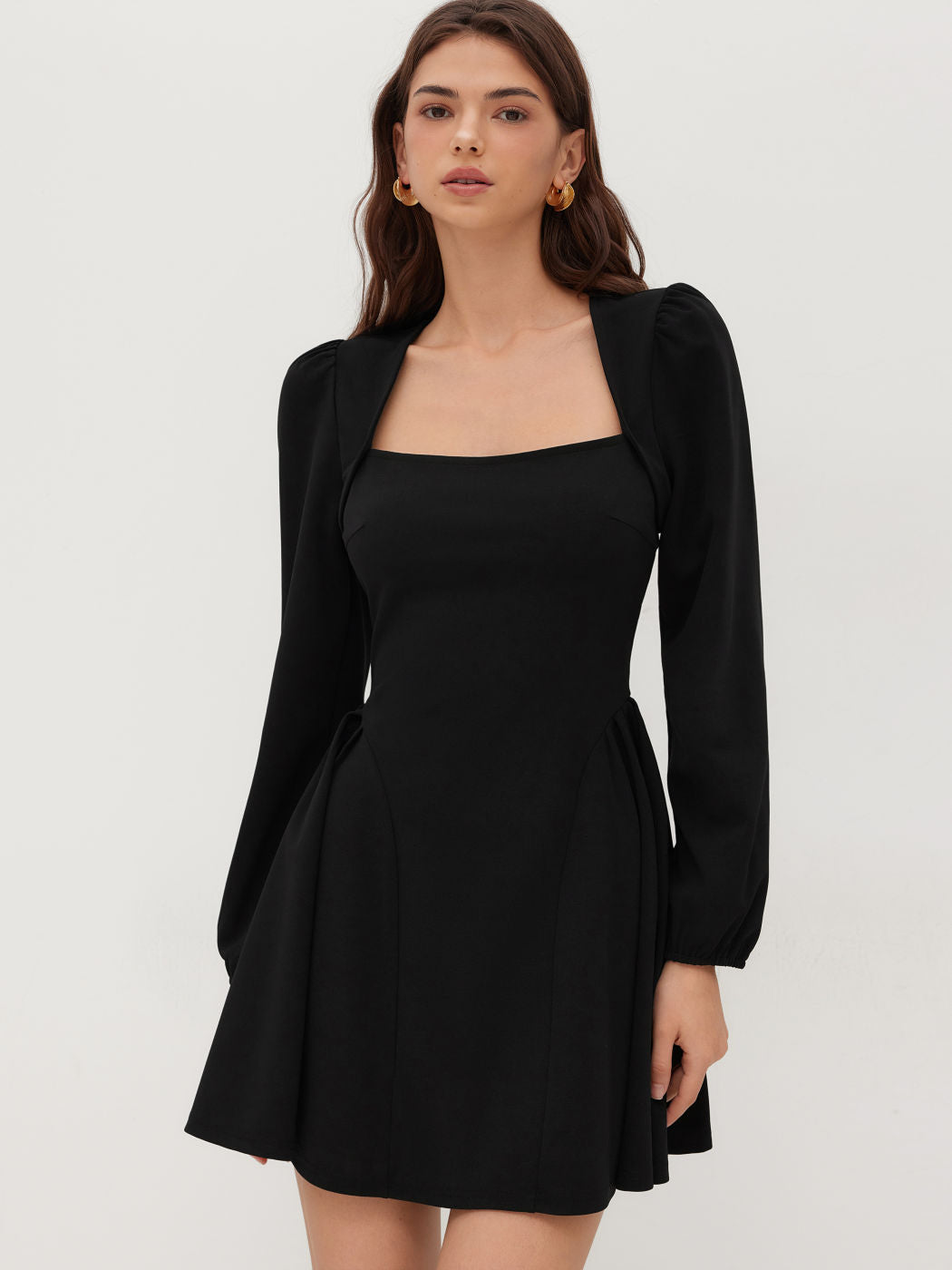 Square Neck Solid Pleated Ruffle Zipper Mini Dress