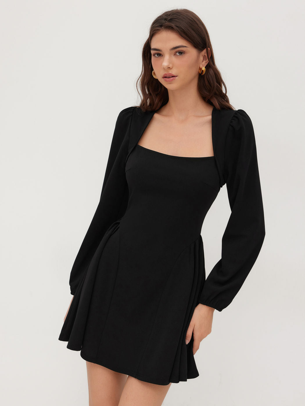 Square Neck Solid Pleated Ruffle Zipper Mini Dress