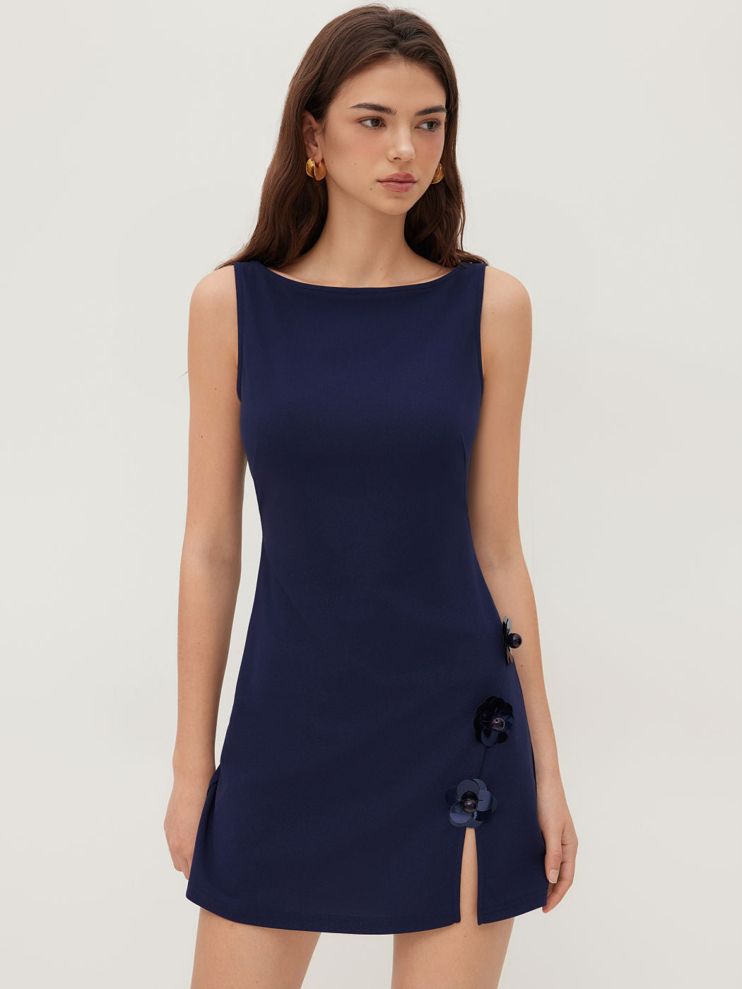 Boat Neck Floral Split Mini Dress