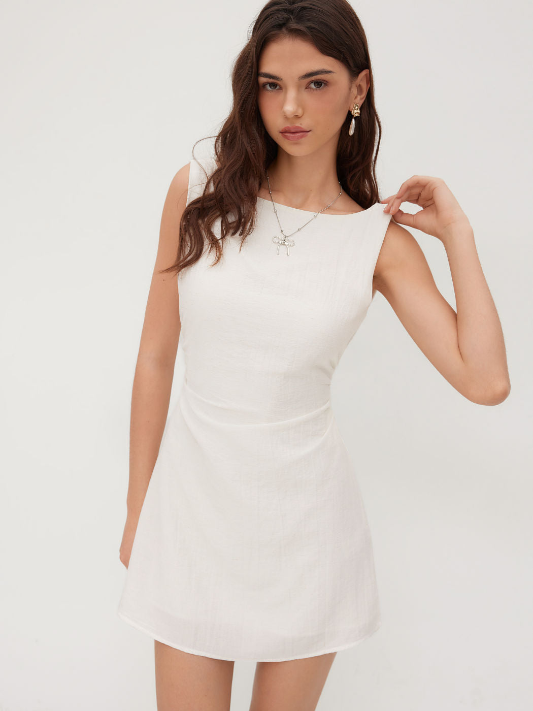 Linen-blend Boat Neck Solid Knotted Backless Mini Dress