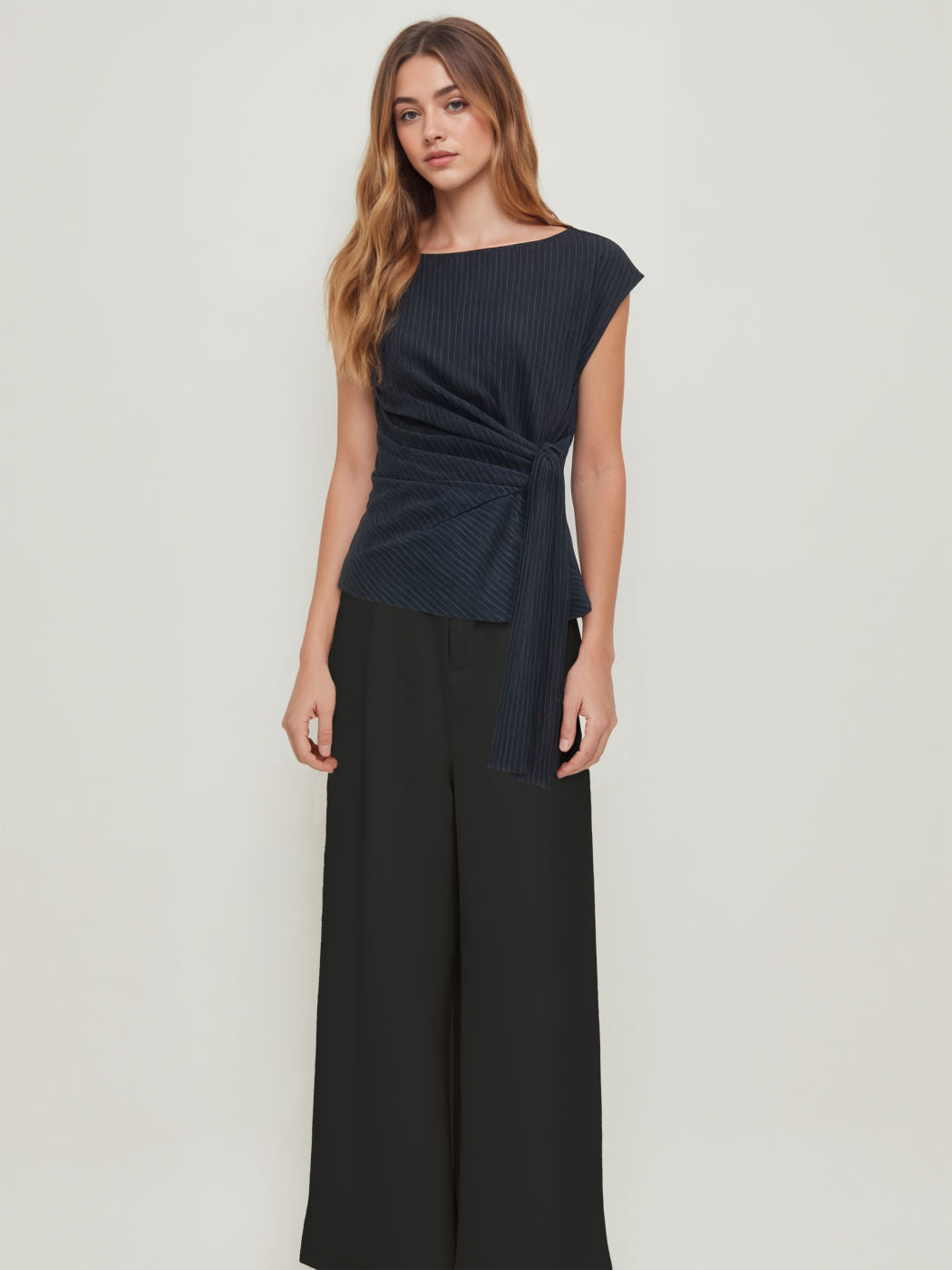 Boat Neck Stripe Knotted Oversized Top